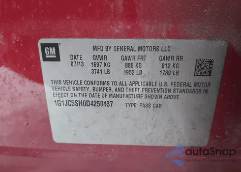 2013 Chevrolet Sonic Lt Auto z USA, uszkodzony, nr VIN 1G1JC5SH0D4250437